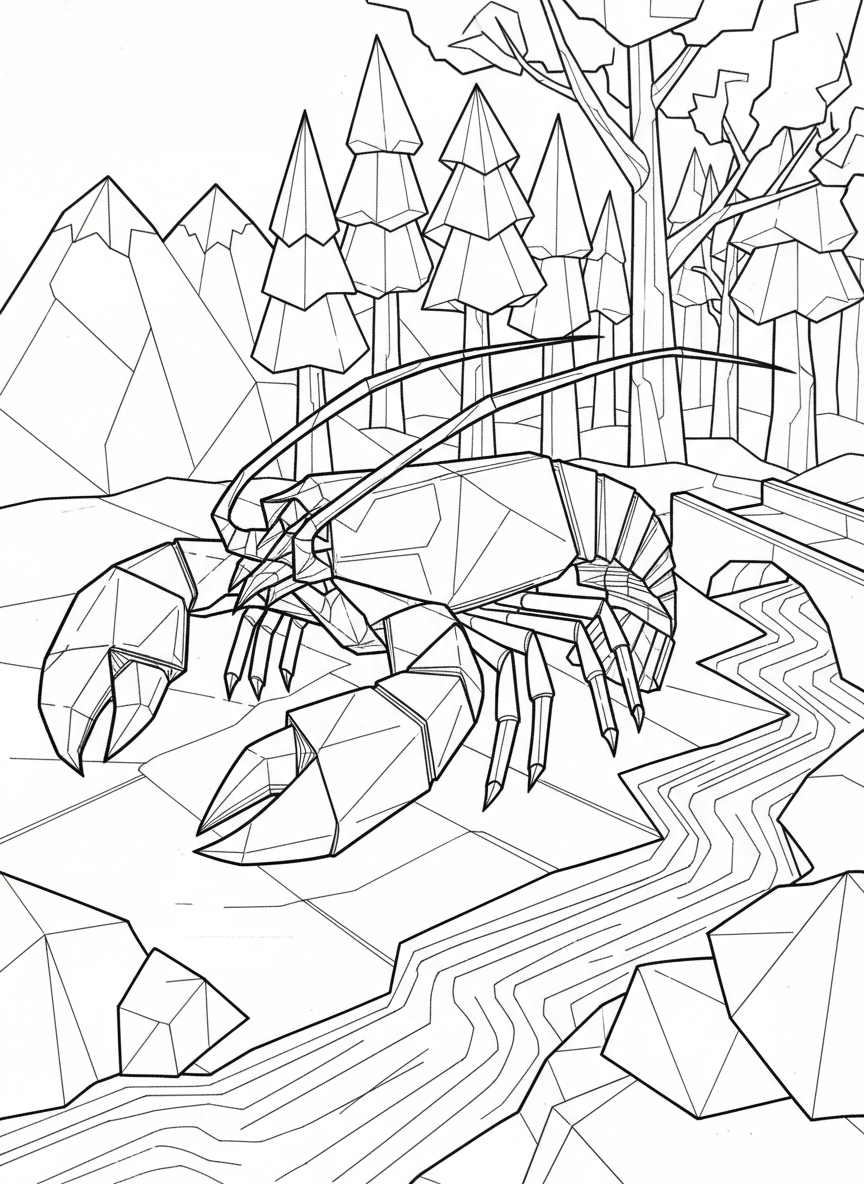 An origami lobster with geometric claws and segmented tail, showing angular paper fold patterns and antennae.