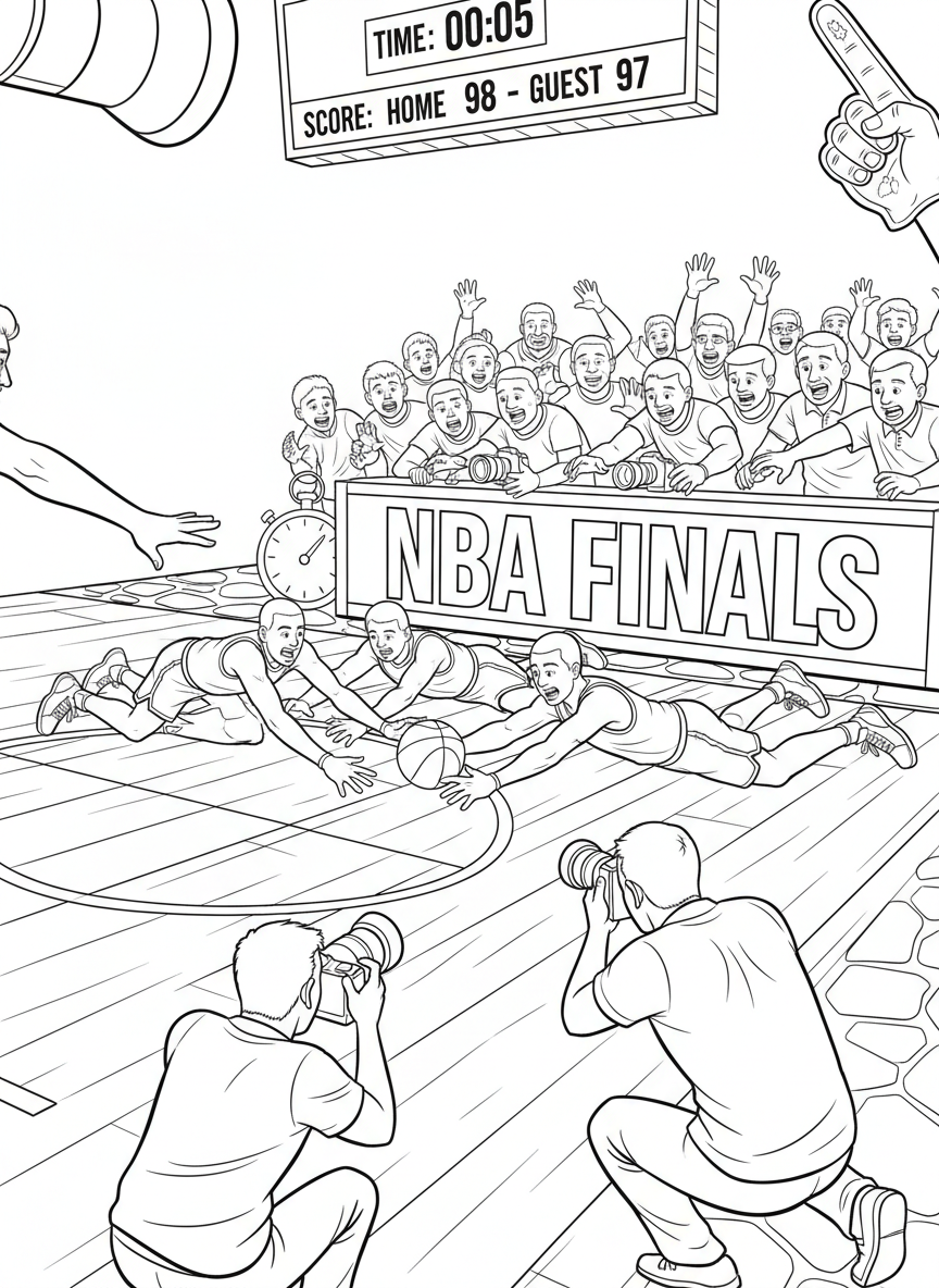 nba finals: A scramble for a loose ball near the scorer’s table, photographers crouched low and fans inches away as players dive and stretch in a high-stakes moment.