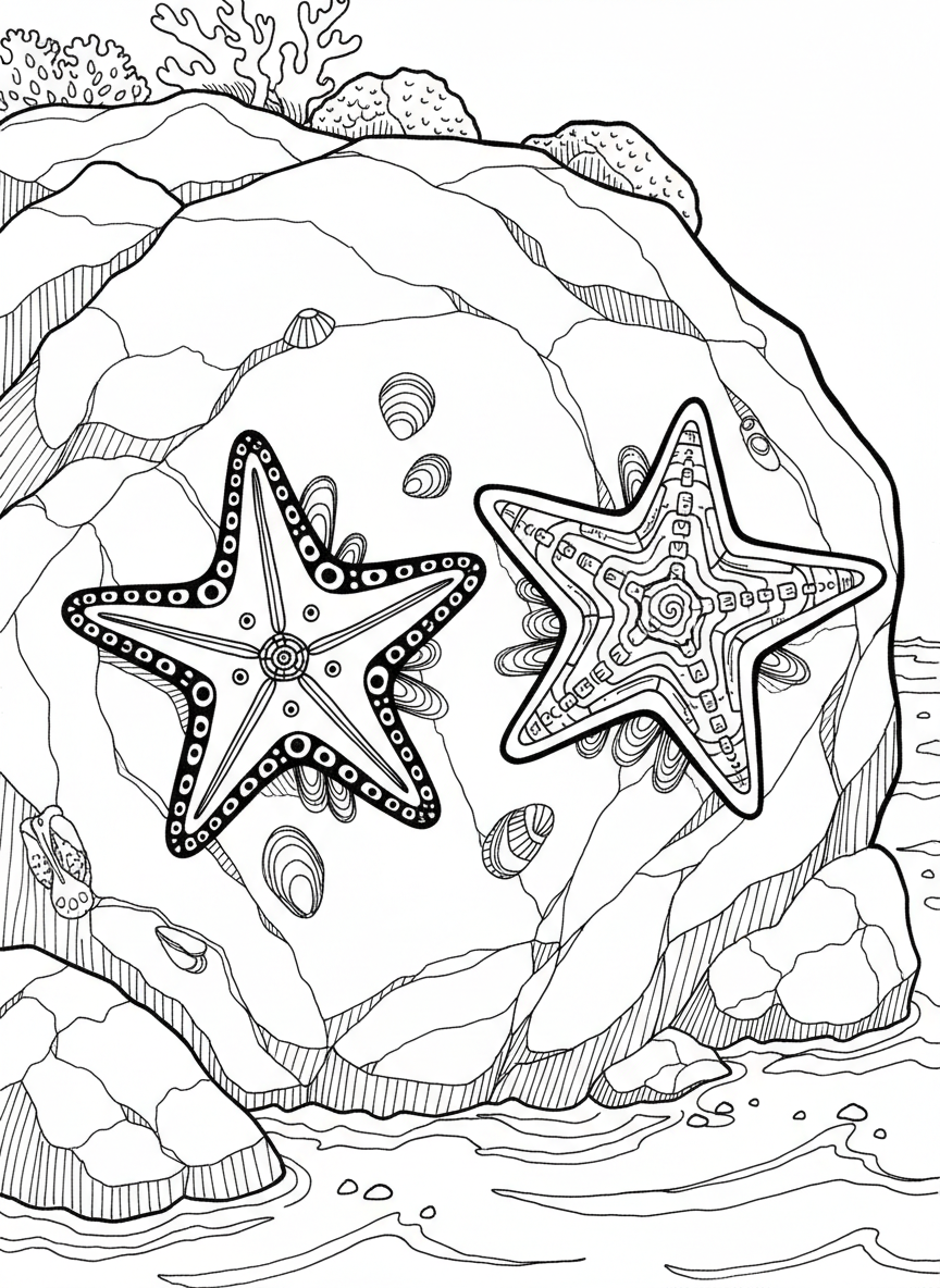 Two sea stars of different patterns clinging to a large boulder, with small mussels and limpets clustered around them, medium detail level