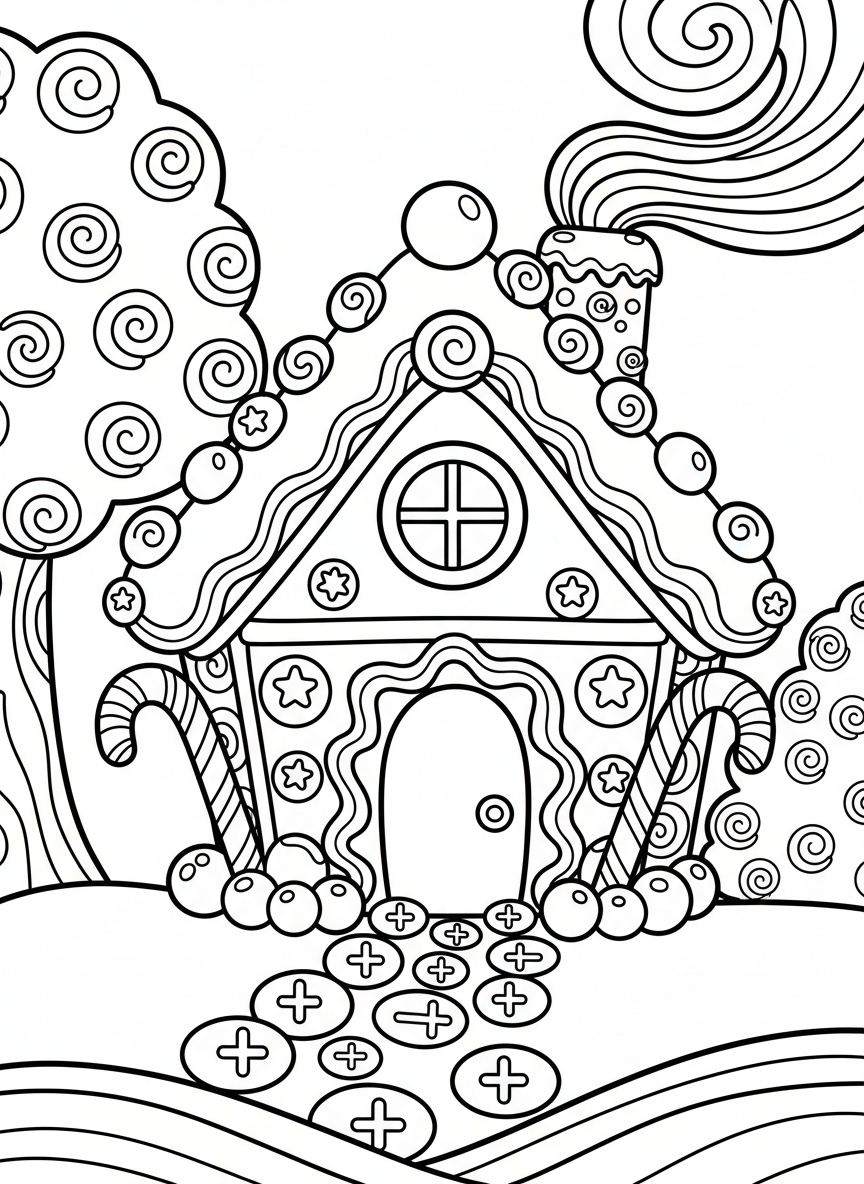 A cute gingerbread house with candy decorations, frosting details, and a gumdrop path