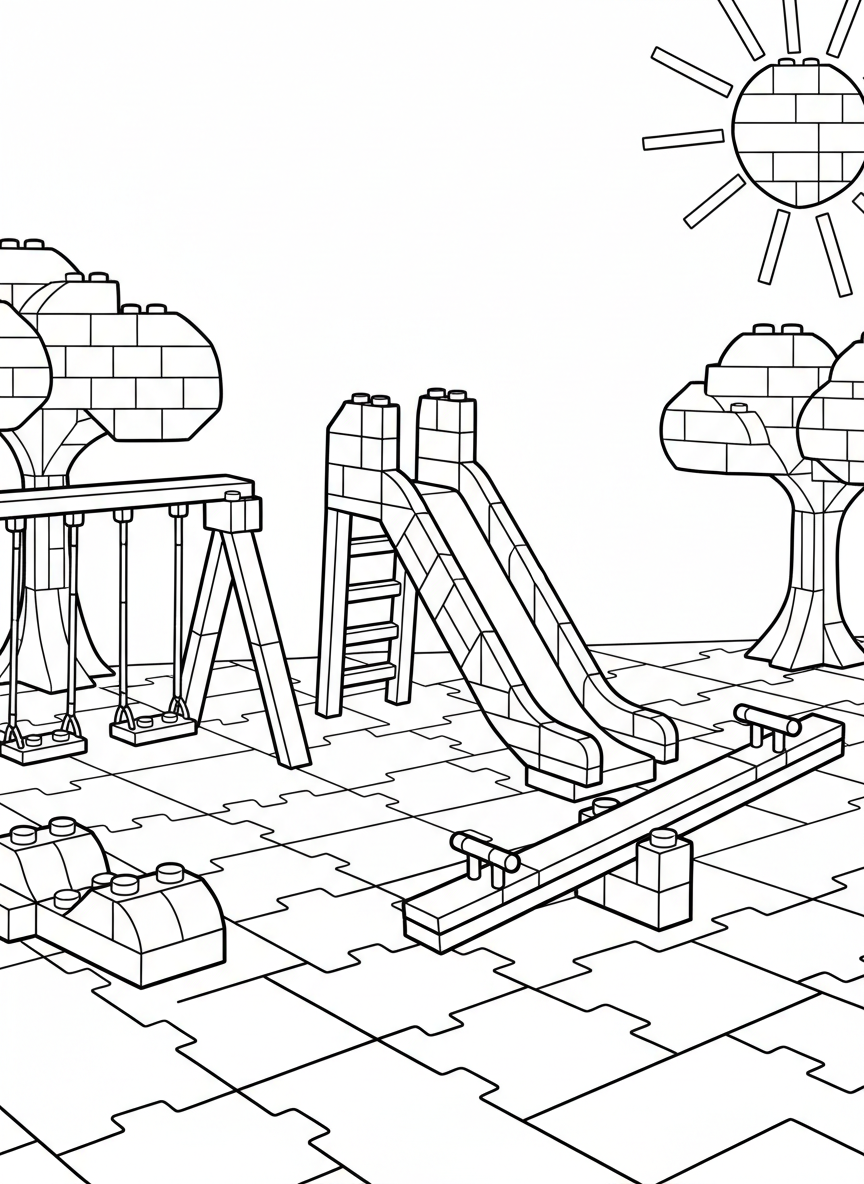 A toy brick playground scene with a slide, swing set, and seesaw, all constructed from interlocking blocks.