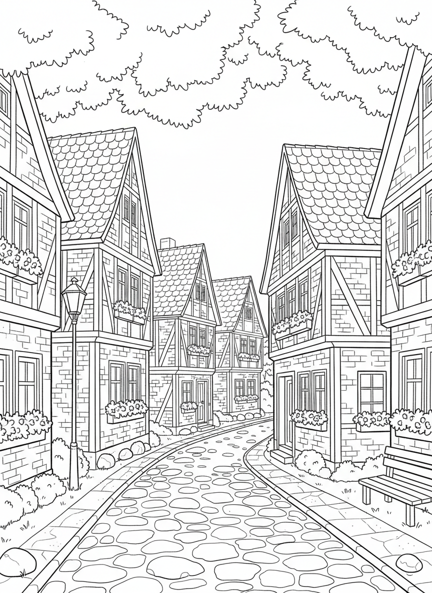 A charming scene of German Village with brick houses, window boxes full of flowers, and a cobblestone street