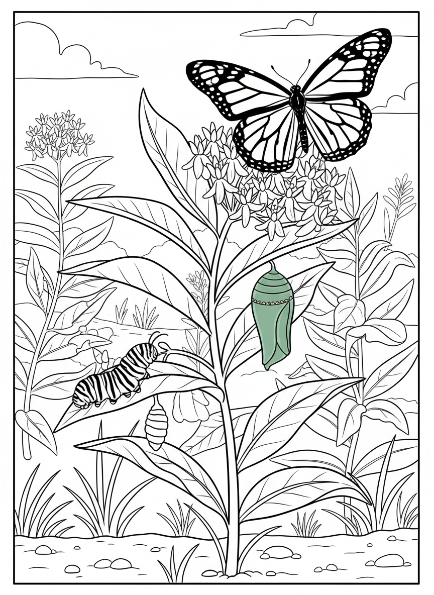 A monarch butterfly life cycle showing egg, caterpillar, chrysalis, and butterfly stages on milkweed plants, educational nature scene.