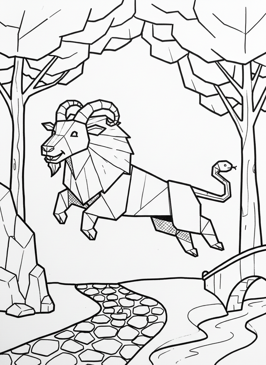 A cheerful origami chimera with geometric goat, lion, and snake parts all in folded paper style, line art for kids