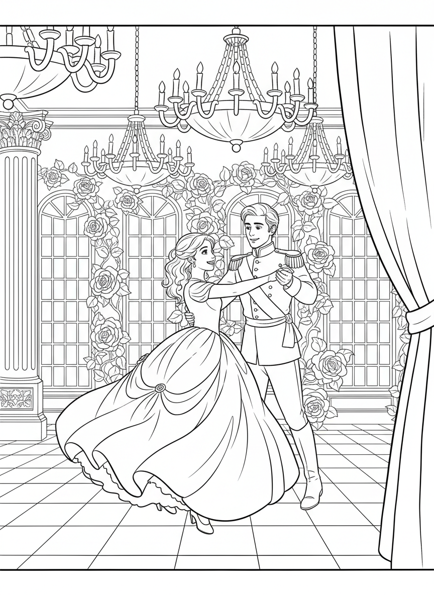 A young woman in a yellow ball gown dancing with a prince in a grand ballroom with chandeliers and roses