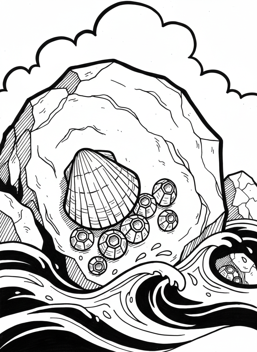 A limpet and several barnacles clustered together on a large boulder, with simple wave patterns in the surrounding water