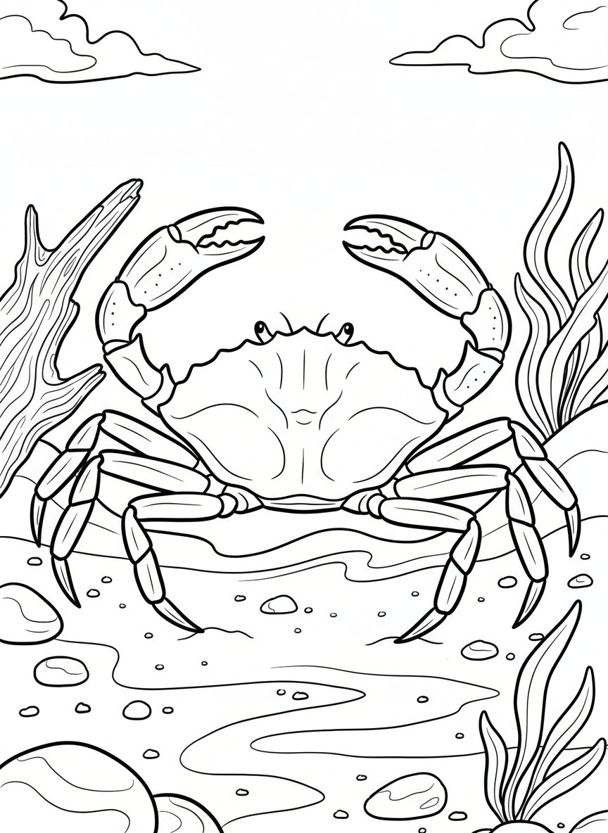 A detailed overhead view of a crab showing its shell texture, leg joints, and claws spread wide on sandy ground.