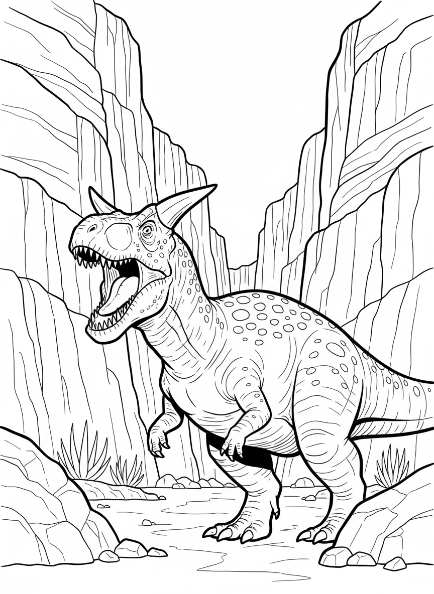 A Carnotaurus with distinctive horns above its eyes and short arms, roaring with mouth open in a canyon setting.