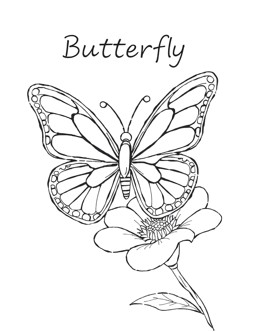 A beautiful butterfly with intricate, symmetrical wing patterns, resting on a flower petal.  it's written "Butterfly" near top of page and nothing more is written
