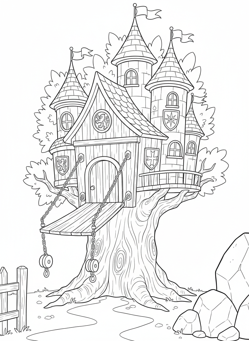A castle-themed treehouse with turrets, a drawbridge entrance, and shields decorating the wooden walls.