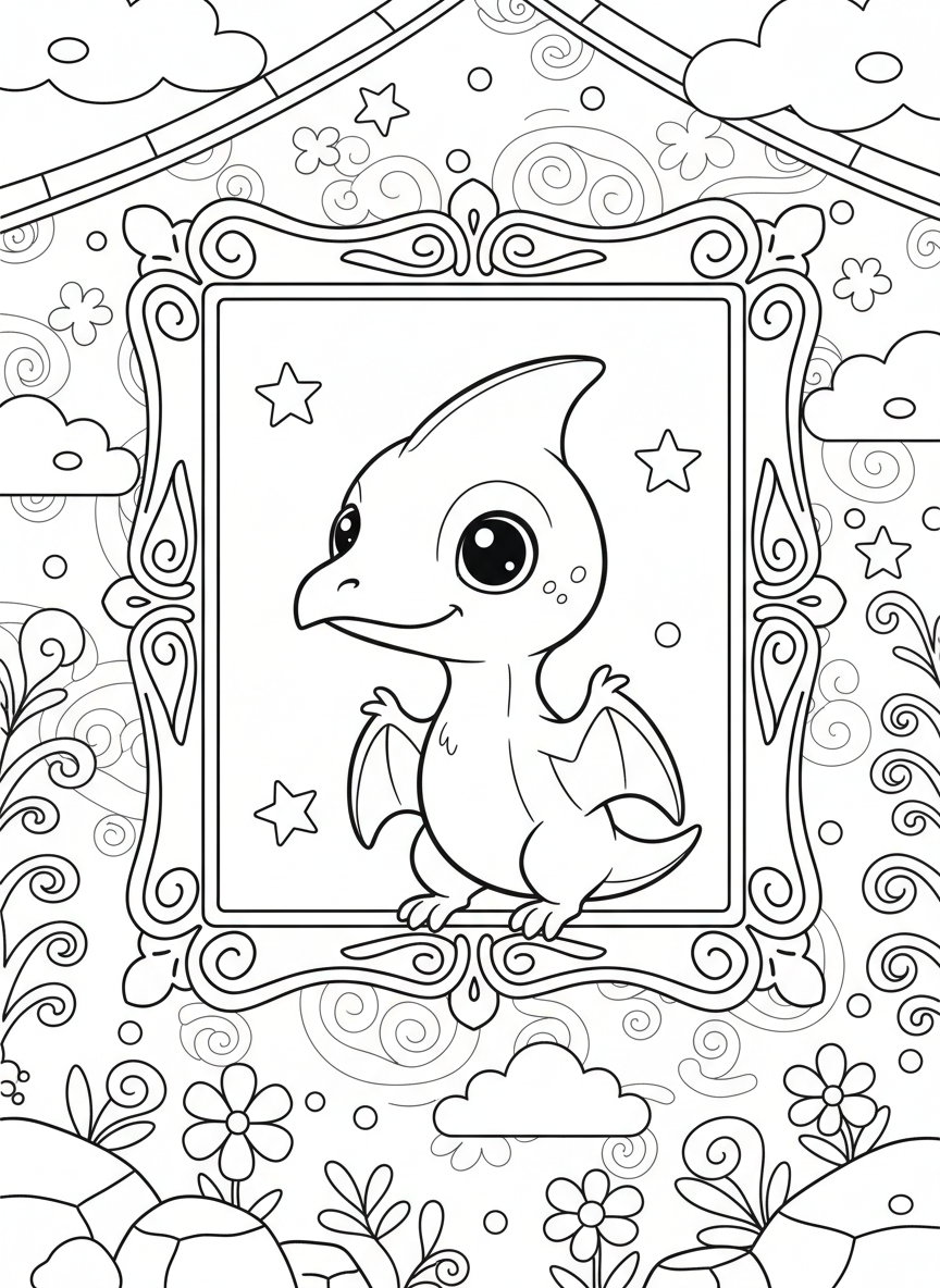 A baby Pteranodon perched on a decorative picture frame hanging on a wall, simple and adorable line art