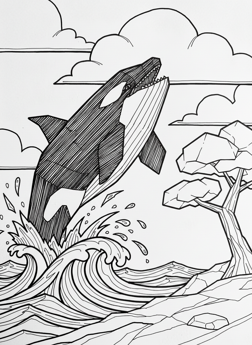An origami orca whale breaching upward, black and white sections indicated by fold lines, powerful angular shape