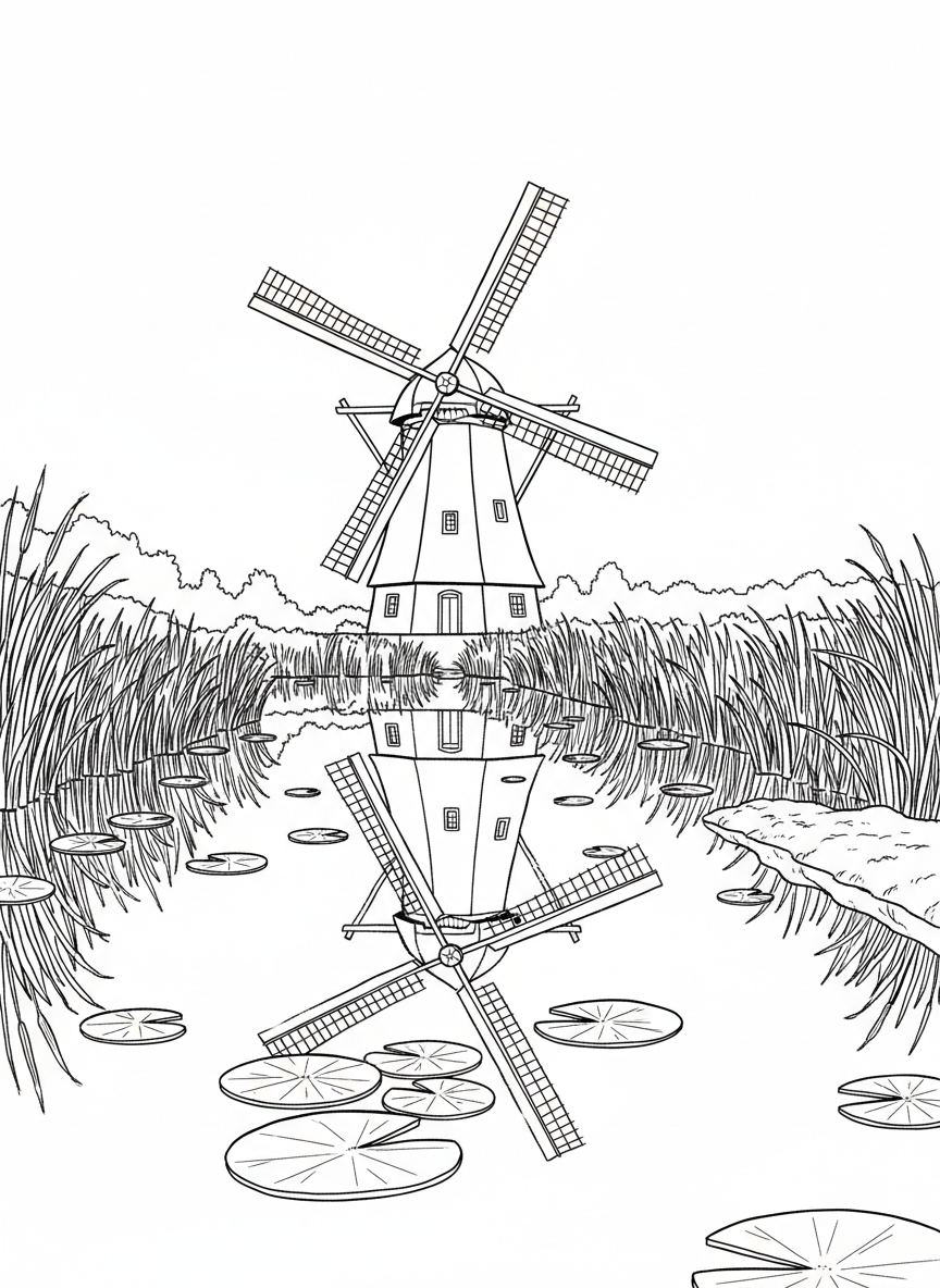 A windmill reflected in still water with lily pads and reeds growing along the canal bank, creating a peaceful mirror image.
