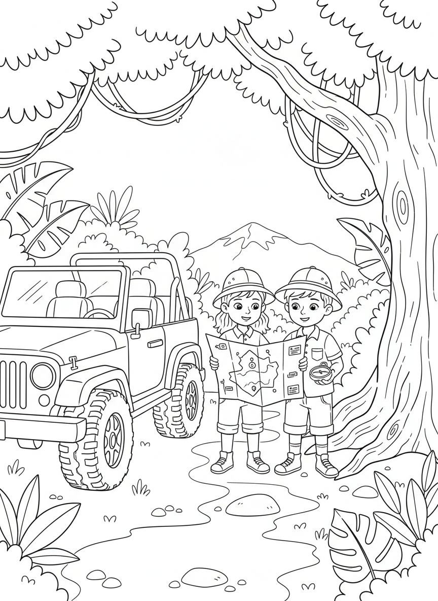Two children in safari hats using a map and compass while standing next to their jeep in a jungle clearing.