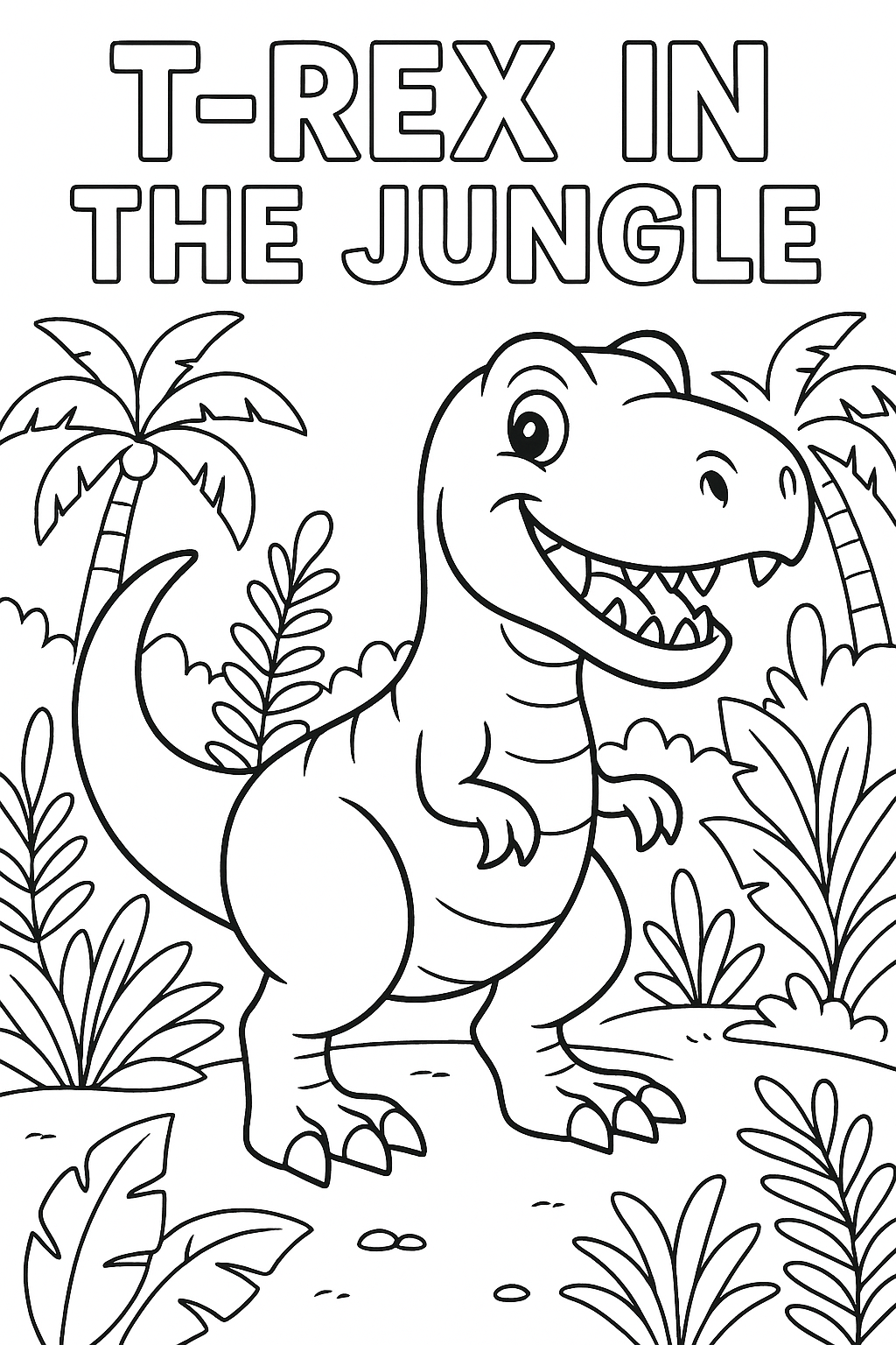A friendly Tyrannosaurus Rex with a big smile, standing in a jungle, coloring page style.
