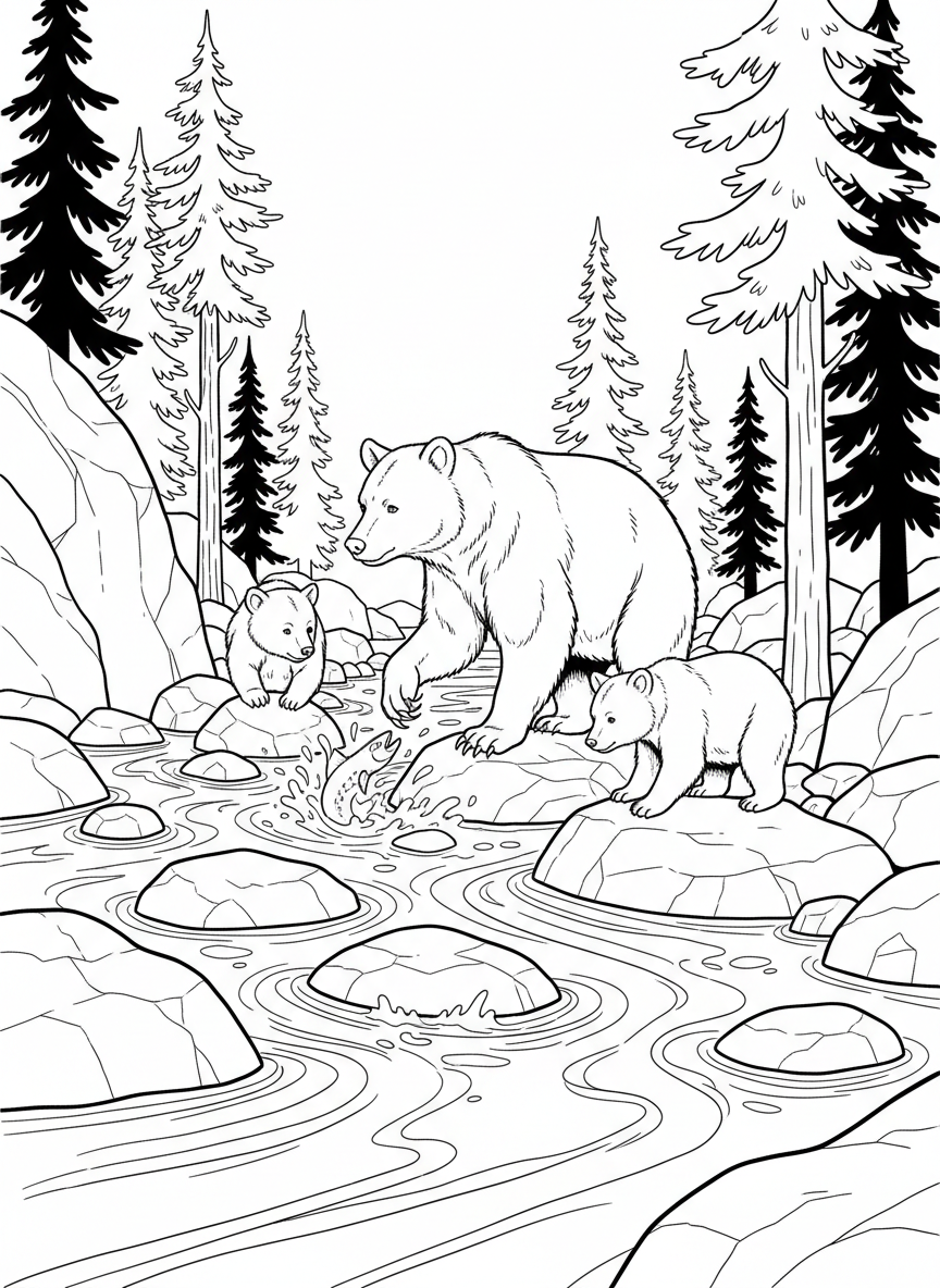 A mother bear and two cubs fishing in a forest stream, with rocks and pine trees in the background.