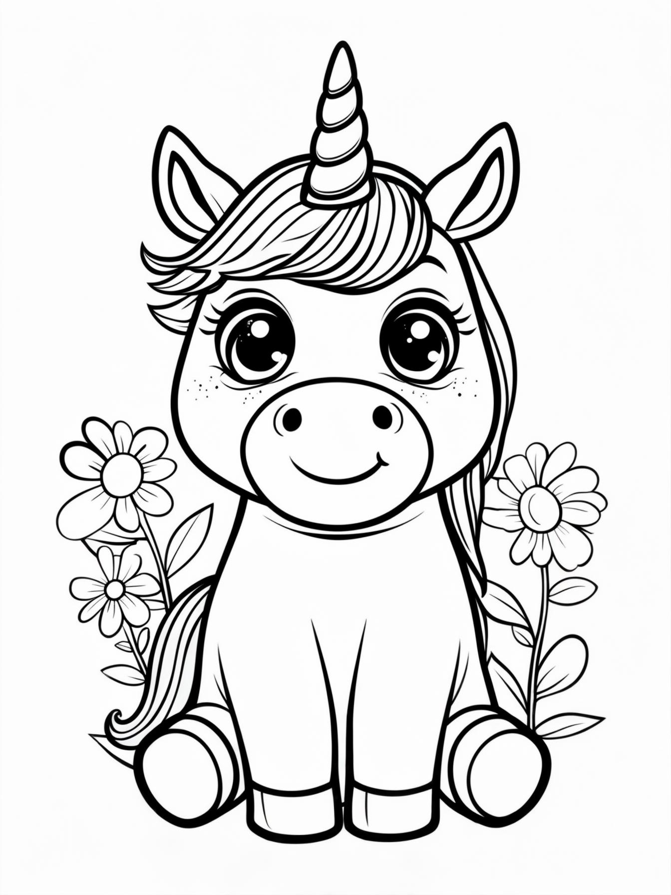 A happy, chubby baby unicorn with large, sparkling eyes, sitting down and smiling, surrounded by simple, bold-lined flowers.