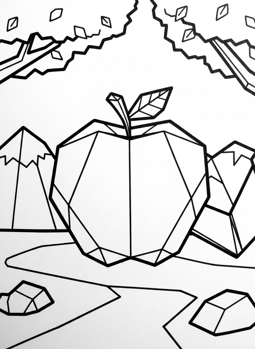 A simple origami apple with geometric folded paper edges, showing clear triangular and angular shapes, with a small paper leaf on top