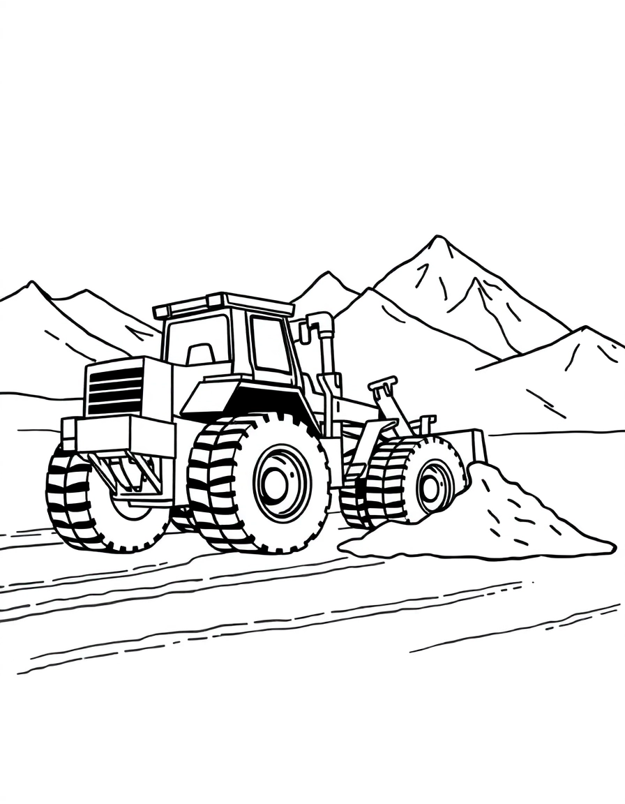 A bulldozer pushing a giant pile of dirt, tire tracks in the ground, mountains in the background