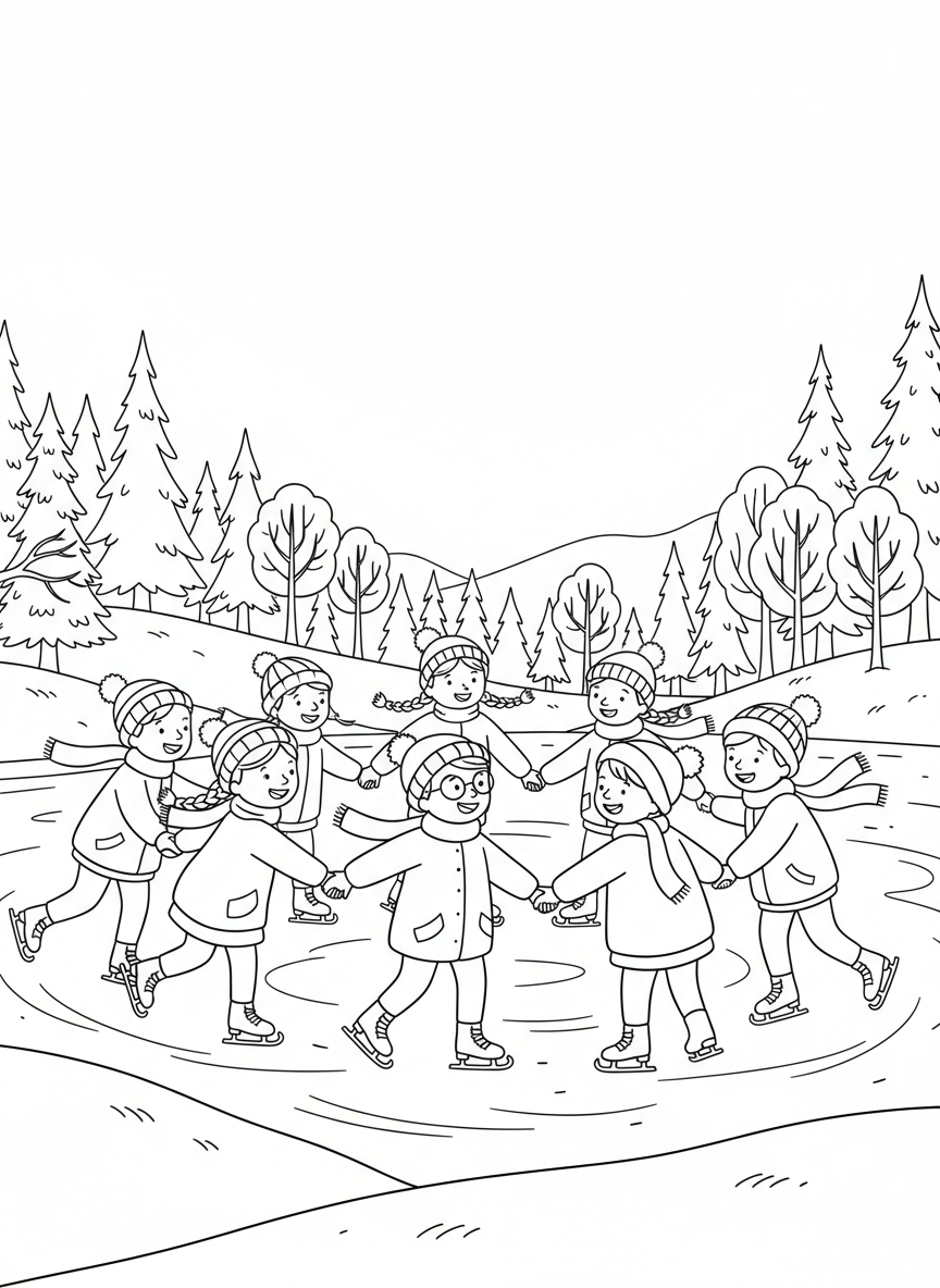 A group of diverse kids ice skating in a circle holding hands on a frozen lake, trees and hills in background, happy faces.