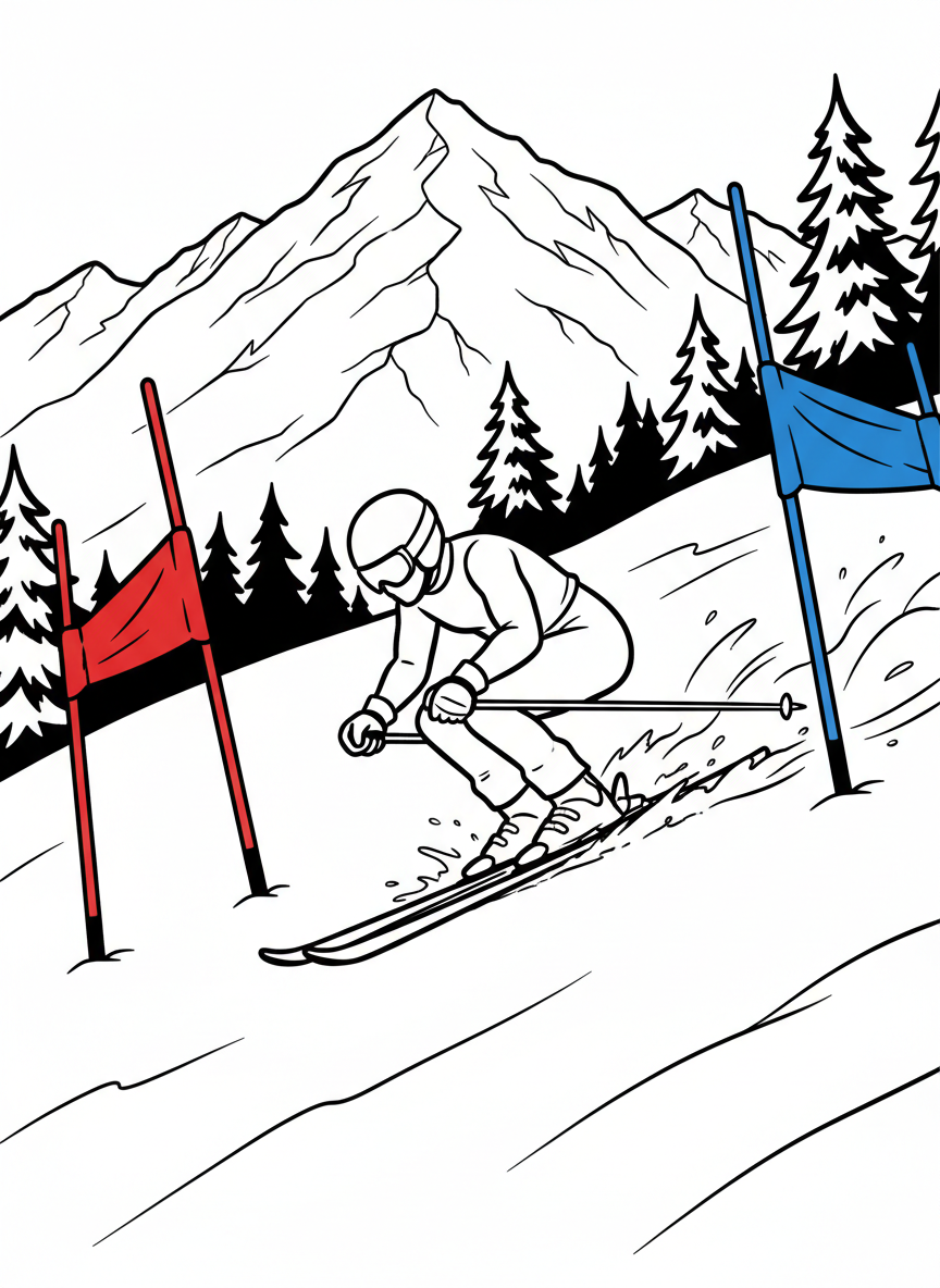 An alpine skier racing downhill in a tucked position, passing between slalom gates with snow spraying behind them.