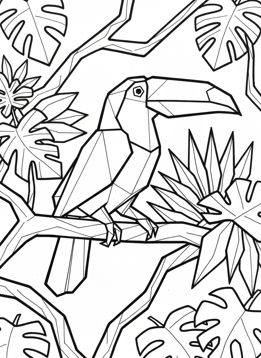 An origami toucan with oversized geometric beak, perched among jungle leaves and vines, showing bold angular paper folds.