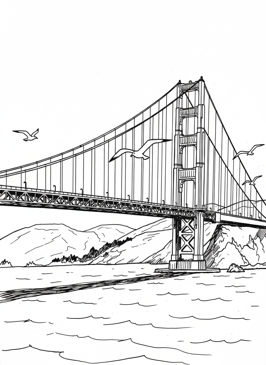 The Golden Gate Bridge spanning across the bay with hills in the background and seagulls flying overhead.