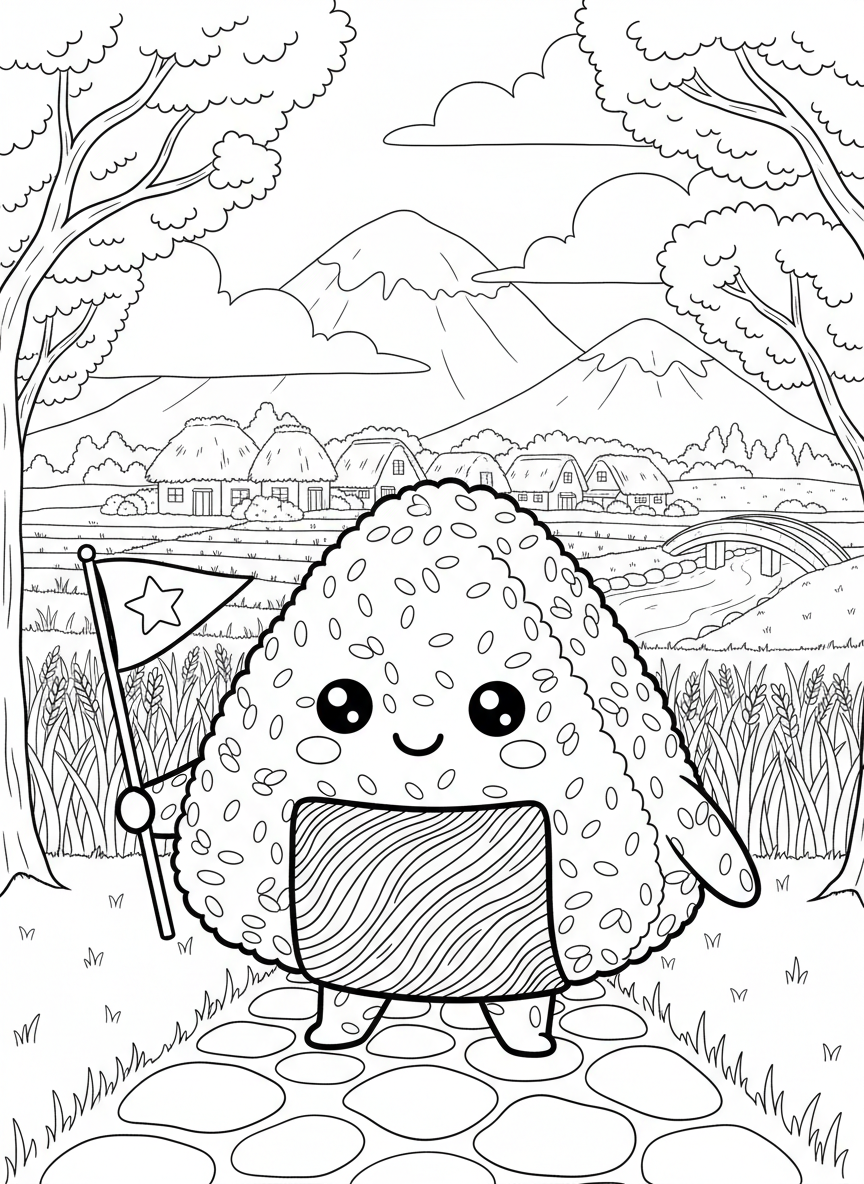 A cute onigiri rice ball with a smiling face, wrapped in nori seaweed, holding a tiny flag