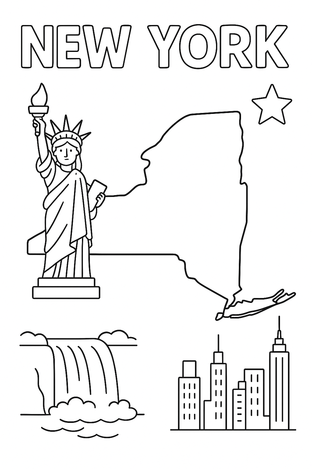 Write “New York” once at the top in outlined letters. Create a big, centered outline of the state. Add one Statue of Liberty, one star, one waterfall, and one skyline icon in corners.