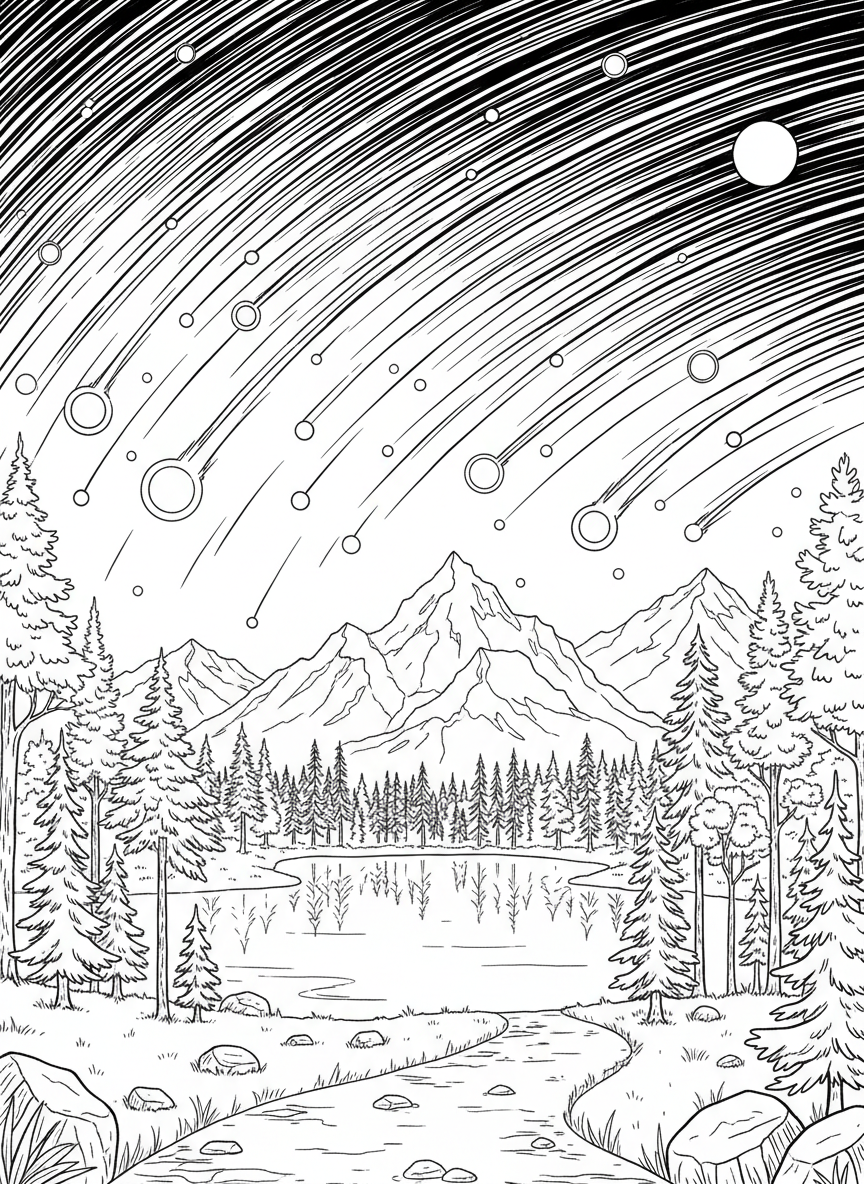 A meteor shower streaking across the sky above a peaceful landscape with mountains and trees below.