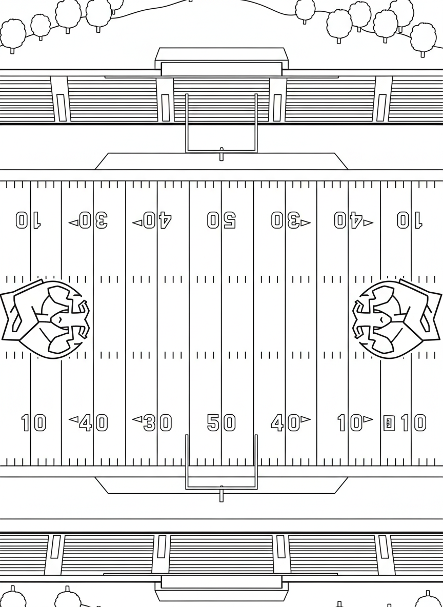 A football field from an aerial view showing the 50-yard line, team logos painted on the field, and yard markers clearly visible.