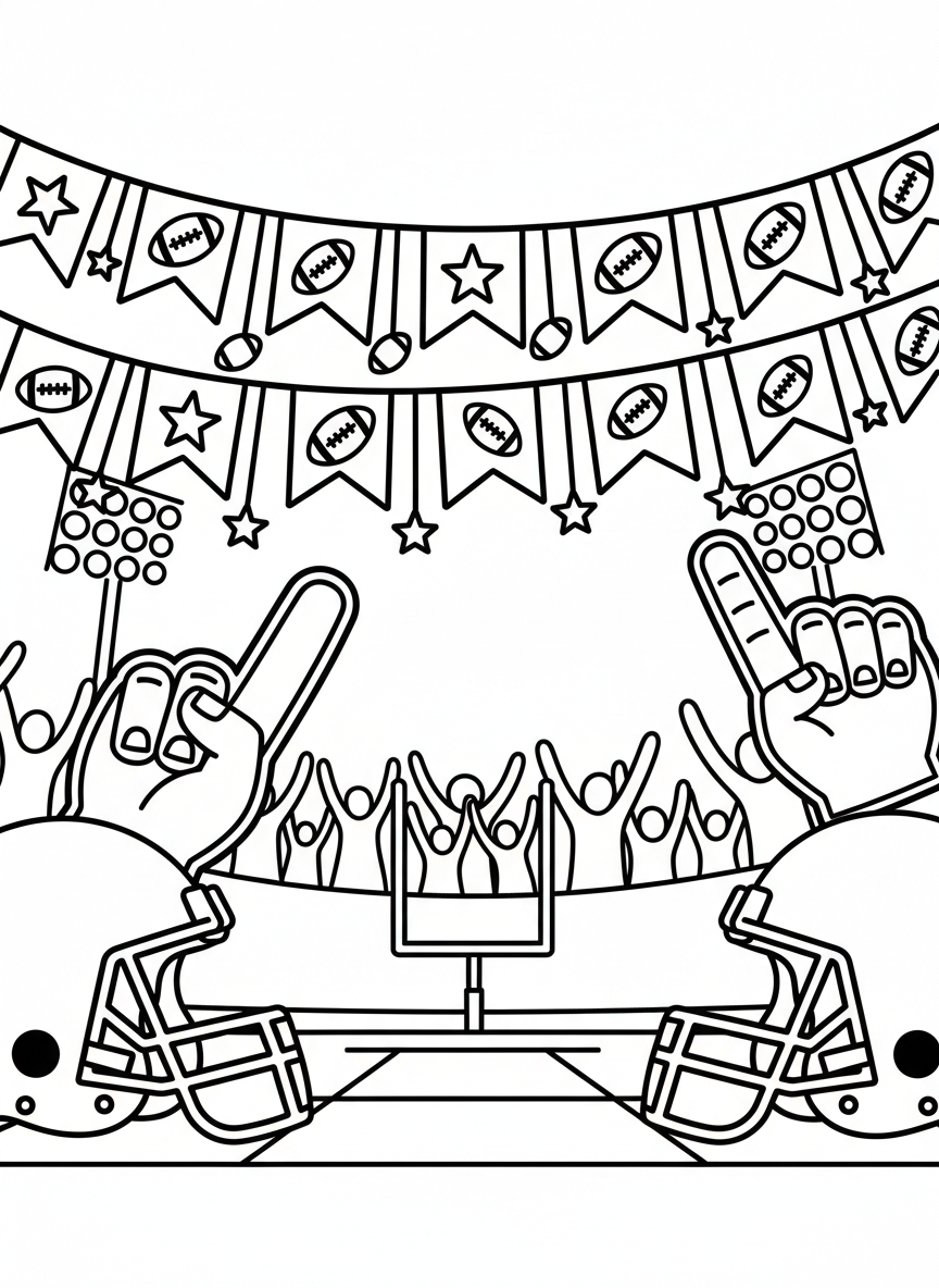 A pennant flag banner strung across the top with footballs and stars below, festive game day decoration scene.