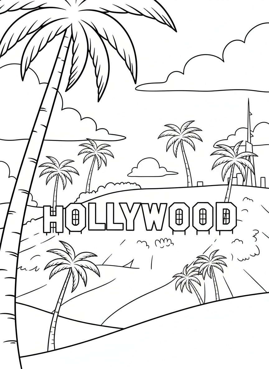 The iconic Hollywood sign on a hillside with palm trees and clouds in the background, simple line art for coloring