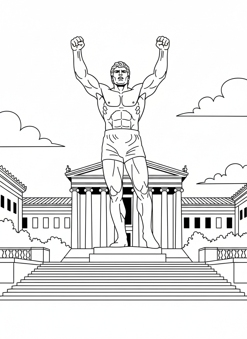 Rocky Balboa statue in a heroic pose with arms raised triumphantly at the top of the Philadelphia Museum of Art steps.