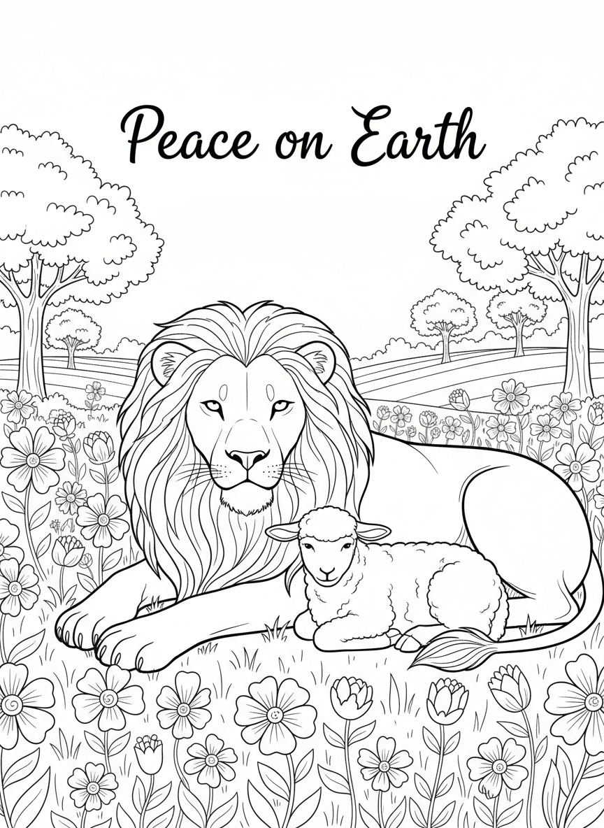 A lion and a lamb resting peacefully together in a field of flowers, with 'Peace on Earth' written in gentle script above.