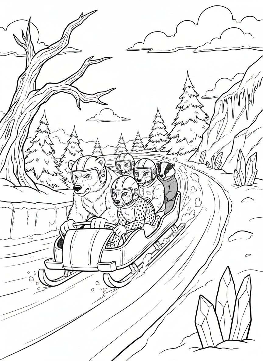 A four-animal bobsled team racing down an icy track in their sled, wearing helmets, determined expressions, action-packed scene with motion lines.