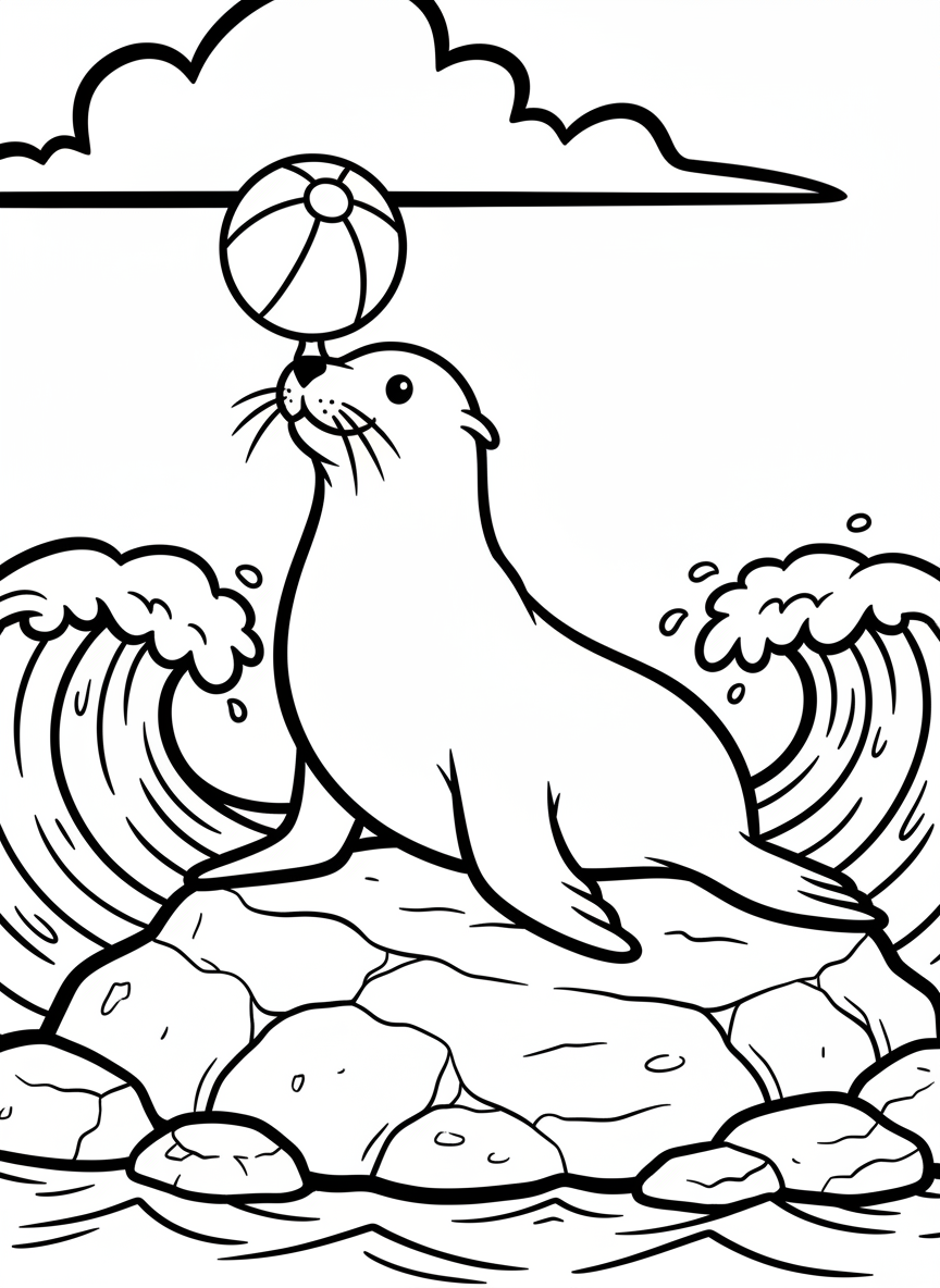 A rock decorated with a friendly sea lion balancing a beach ball on its nose, with simple whiskers and flippers