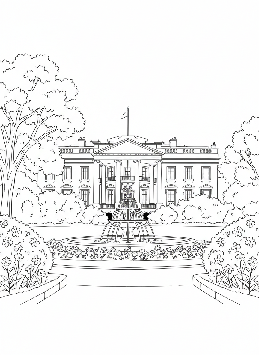 The White House building with fountain in front, trees and flowers in the garden, architectural landmark
