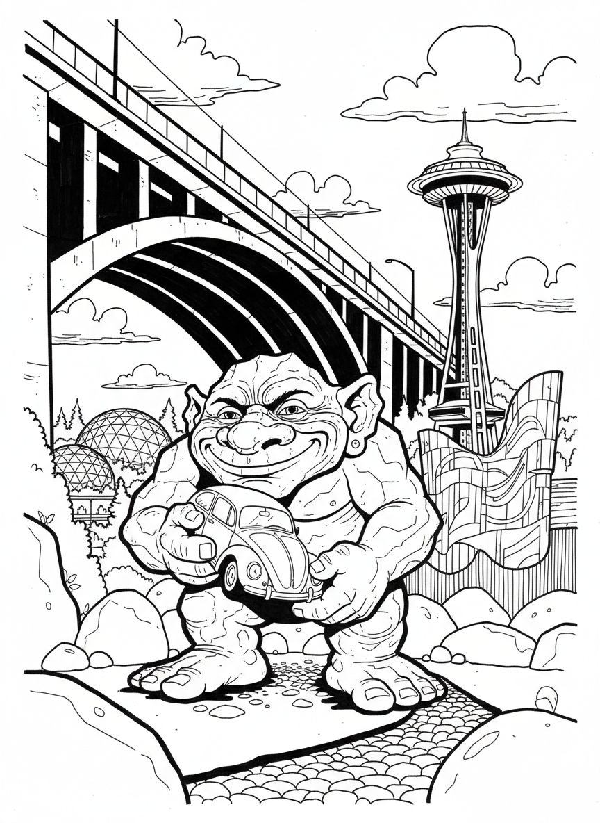 The Fremont Troll sculpture under the bridge holding a Volkswagen Beetle, whimsical Seattle landmark line art.