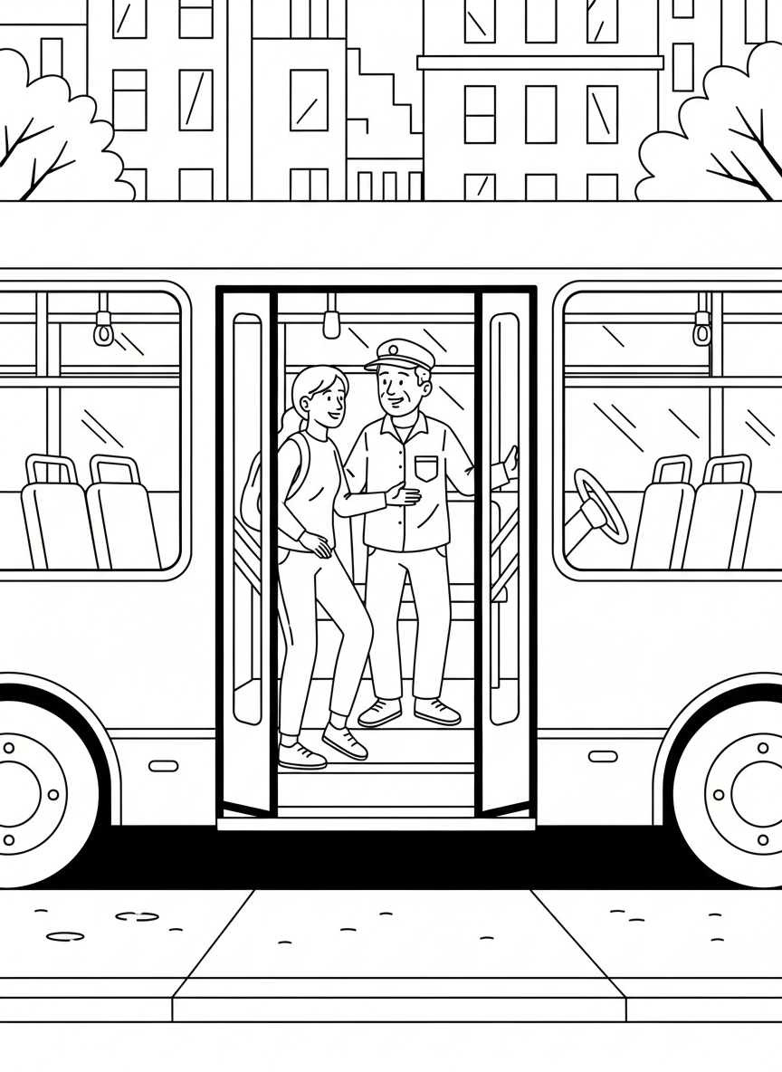 A bus driver greeting passengers as they board a city bus, with seats visible inside and buildings in the background.
