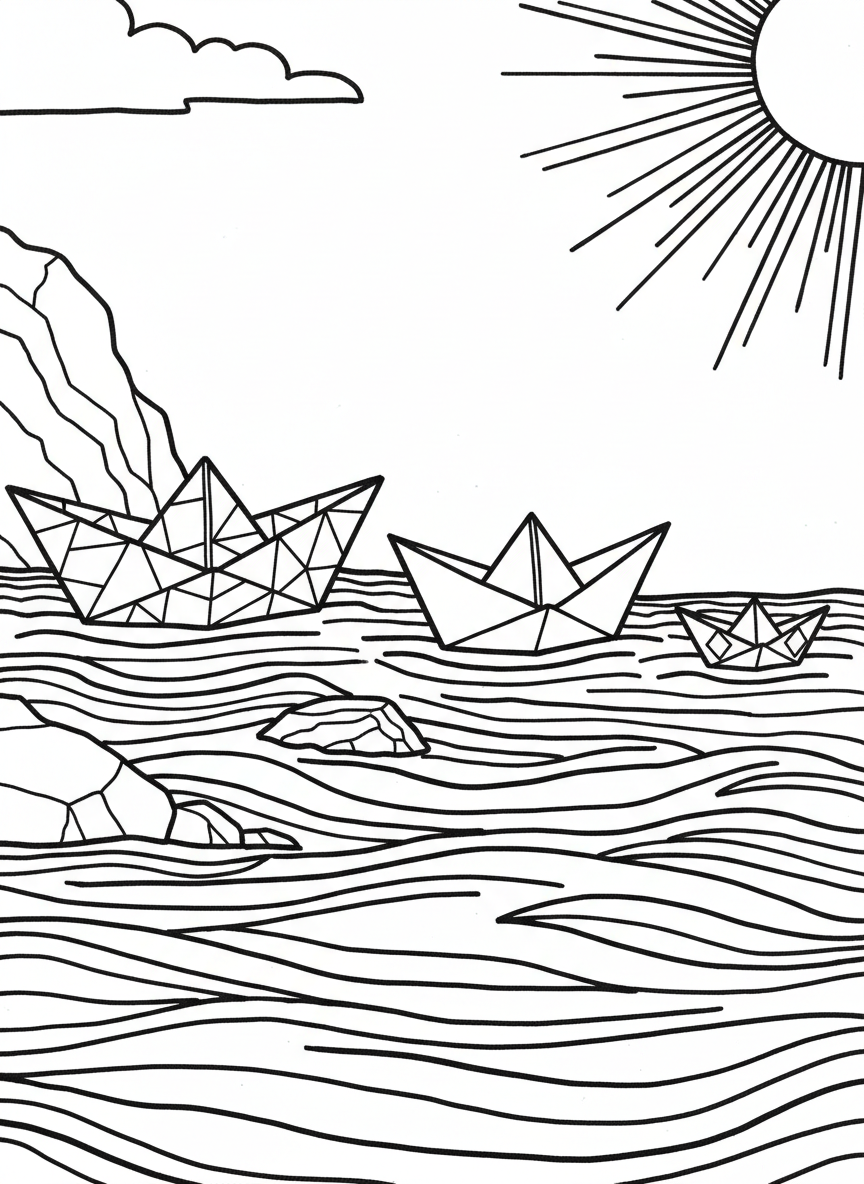 A fleet of three different sized origami boats arranged in a row, each with distinct geometric fold patterns, floating on water with a sun above.