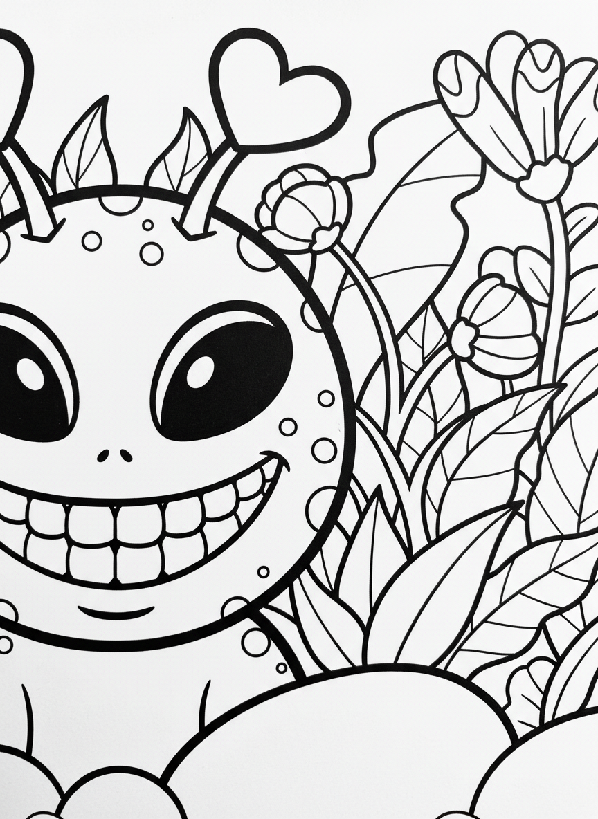 A close-up of a grinning alien face with big round eyes, heart-shaped antennas, and polka dots on its cheeks