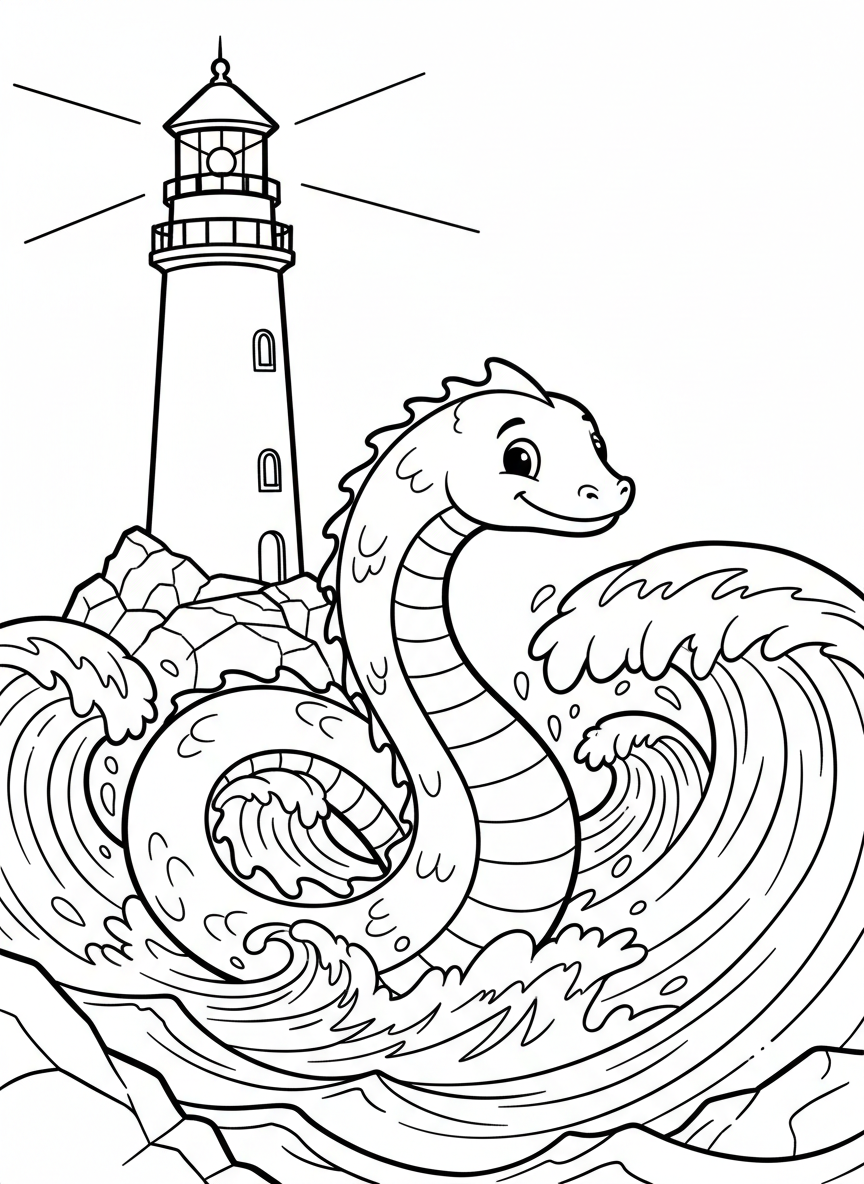 A friendly sea serpent with a long curving body playing in ocean waves near a lighthouse.