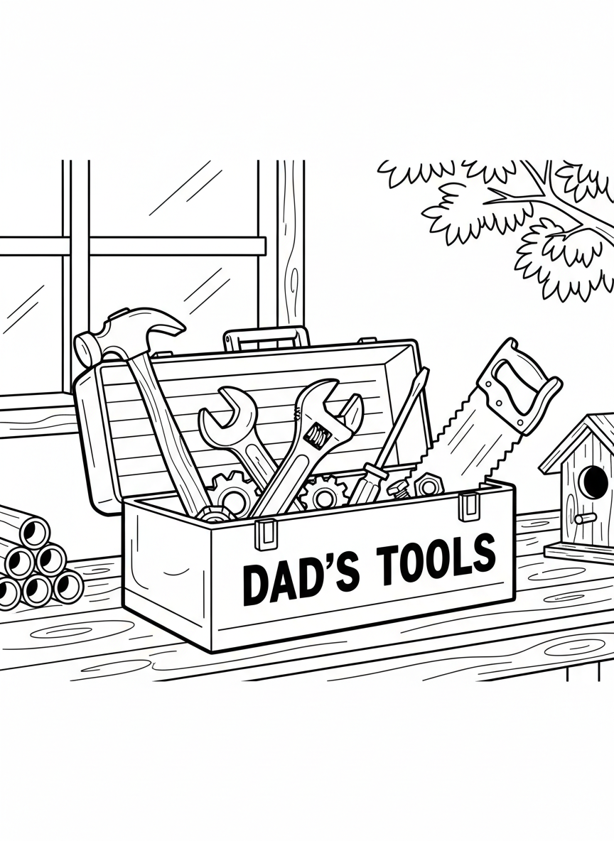 A toolbox filled with various tools like a hammer, wrench, screwdriver, and saw, with 'DAD'S TOOLS' written on the side.