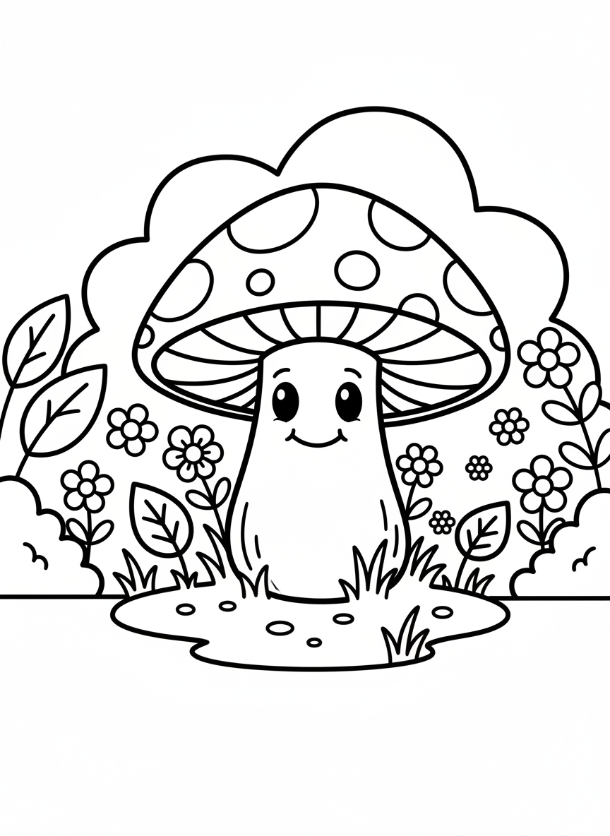 A cheerful toadstool with a wide spotted cap and a smiling face, surrounded by small flowers and grass in a simple garden setting.