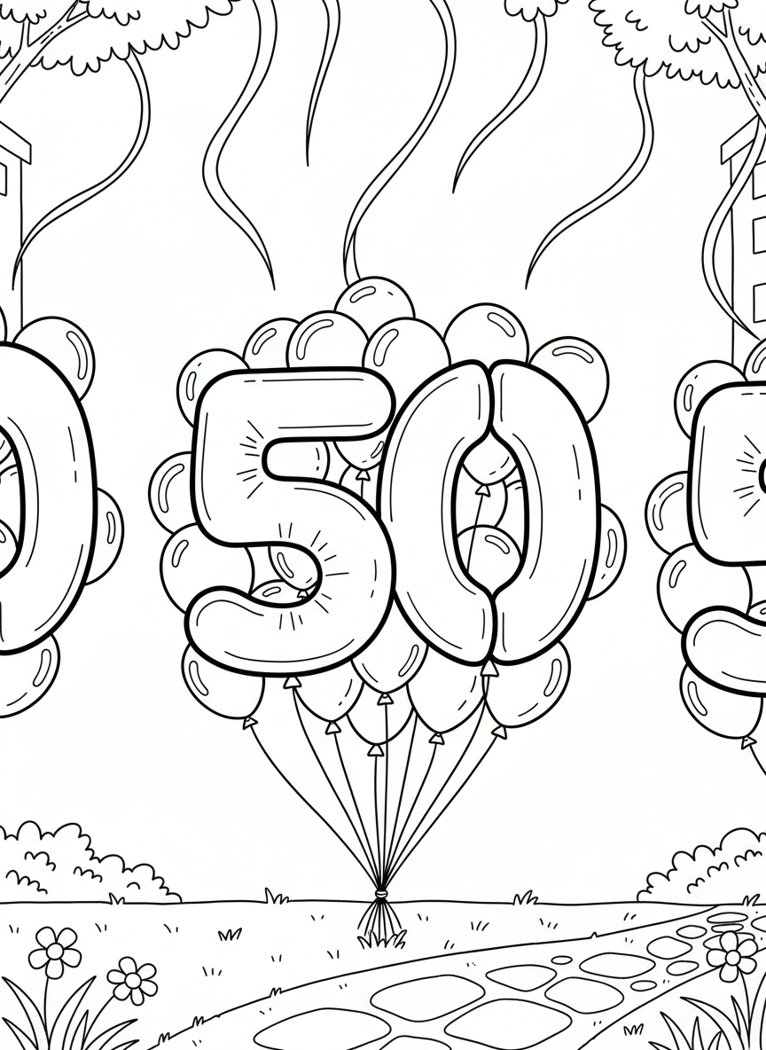 A giant number-shaped balloon with smaller balloons and streamers floating around it for a birthday celebration.