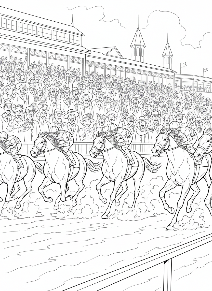 Kentucky Derby coloring page prompts capturing elegance, horse racing tradition, spring fashion, and historic pageantry.	The stretch run toward the finish line, horses thundering forward as the crowd leans in and roars grow louder.