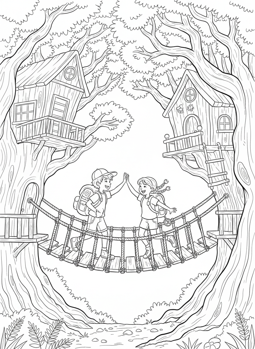 Two kids high-fiving on a rope bridge between treehouses, wearing backpacks, adventure buddies theme, medium detail level.