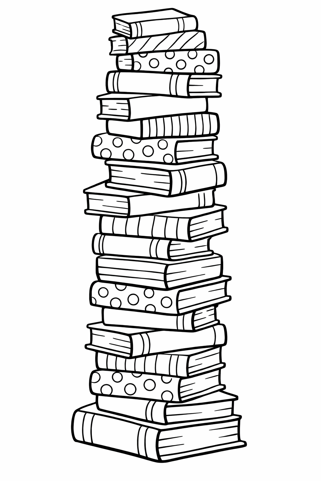 Stack of Stories: A wobbly, tall tower of books with different patterns on the spines (stripes, polka dots) for coloring.