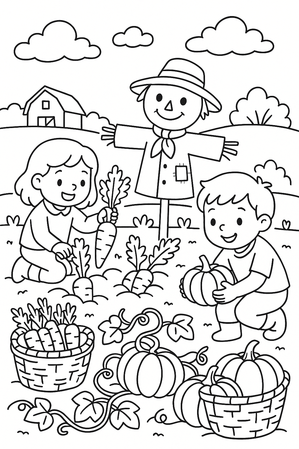 Kids picking vegetables from a garden, baskets full of carrots and pumpkins, vines stretching across the ground, scarecrow smiling nearby, clouds drifting above, and a joyful autumn farm scene.